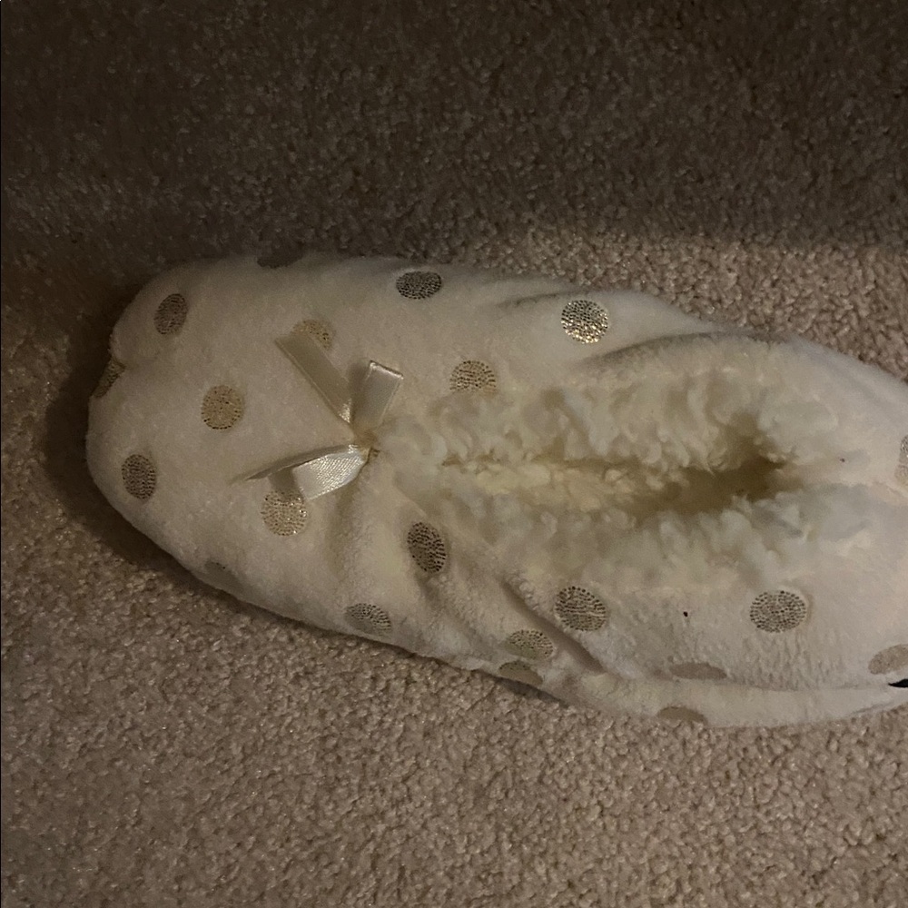Cozy White Slippers with Gold Polka Dots